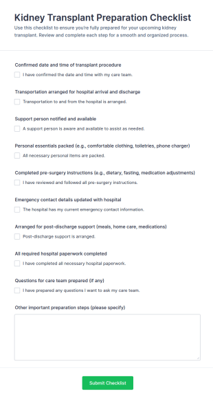 Kidney Transplant Preparation Checklist Form Template