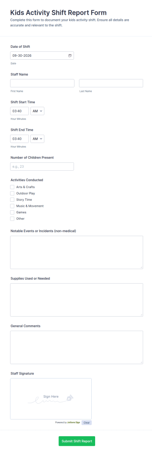 Kids Activity Shift Report Form Template