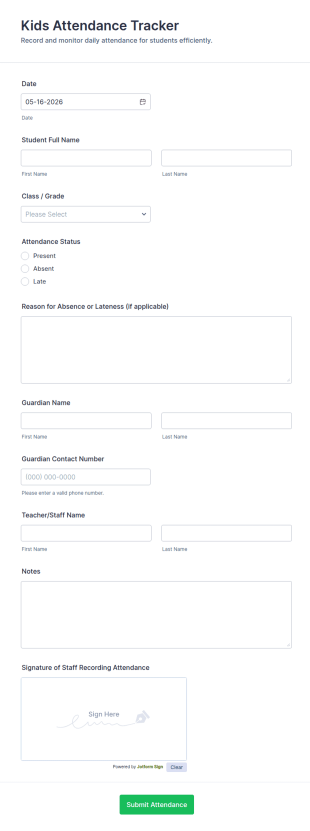 Kids Attendance Tracker Form Template
