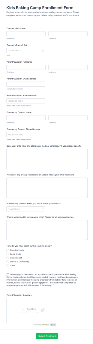 Kids Baking Camp Enrollment Form Template