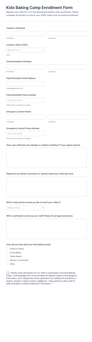 Kids Baking Camp Enrollment Form Template