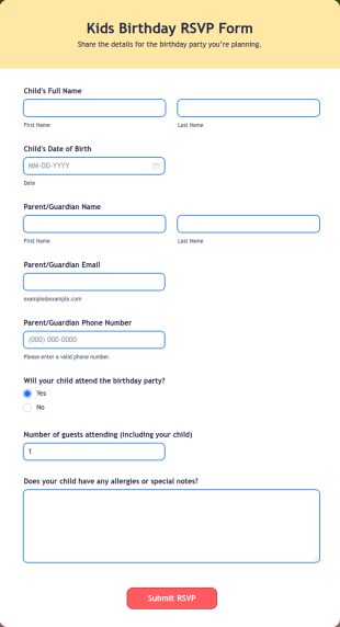 Kids Birthday RSVP Form Template