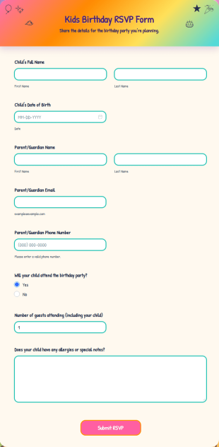 Kids Birthday RSVP Form Template