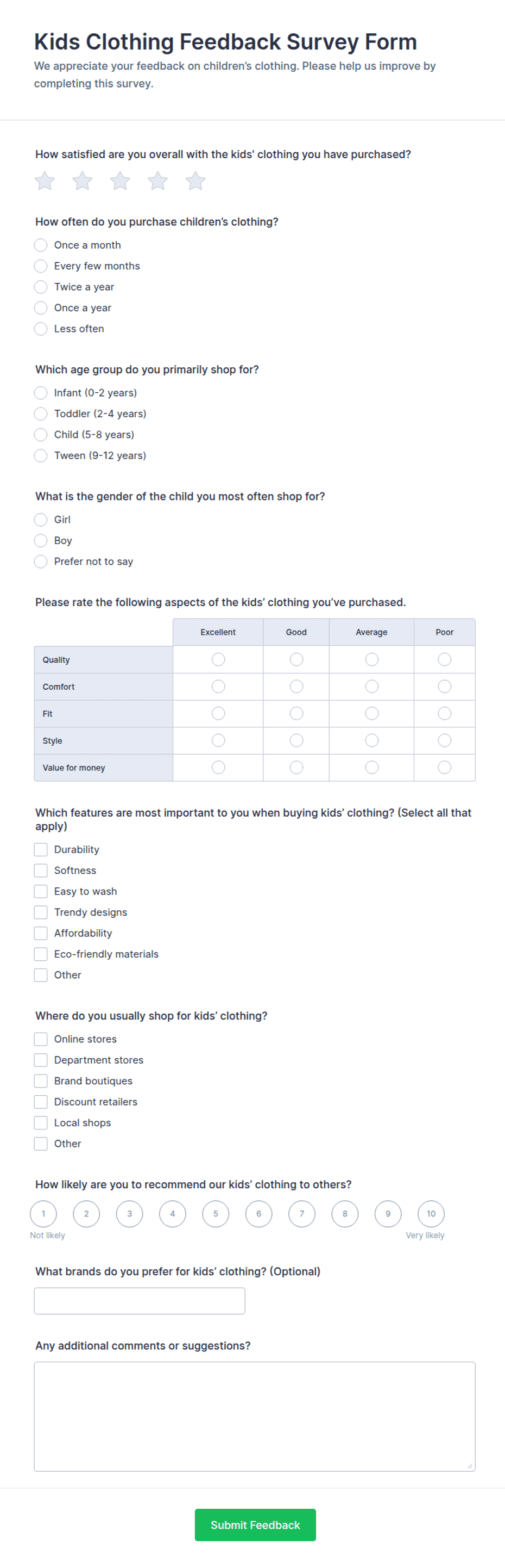 Kids Clothing Feedback Survey Form Template | Jotform