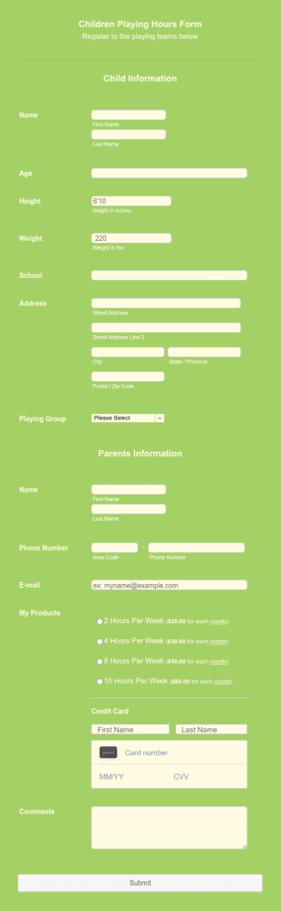 Kids Club Membership Registration Form Template
