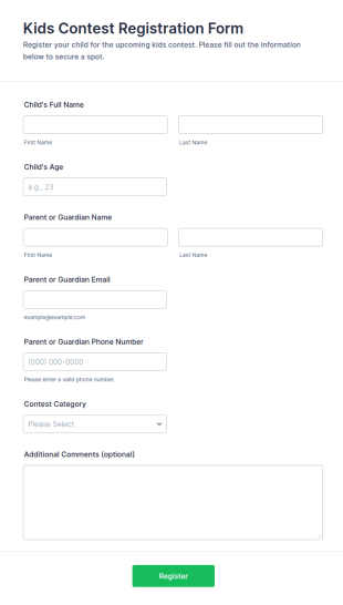 Kids Contest Registration Form Template