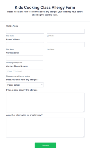 Kids Cooking Class Allergy Form Template