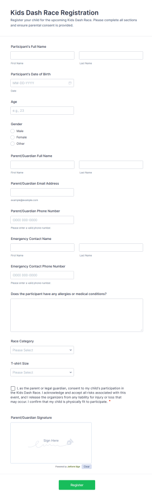 Kids Dash Race Registration Form Template