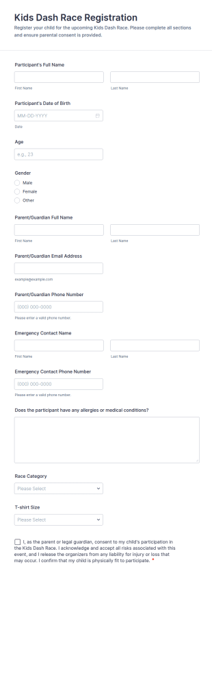 Kids Dash Race Registration Form Template