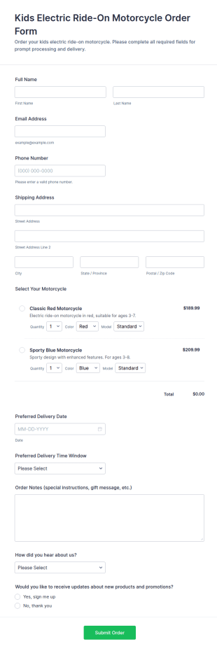 Kids Electric Ride On Motorcycle Order Form Template
