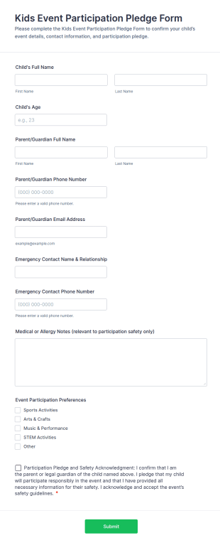Kids Event Participation Pledge Form Template