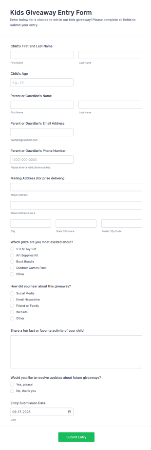 Kids Giveaway Entry Form Template