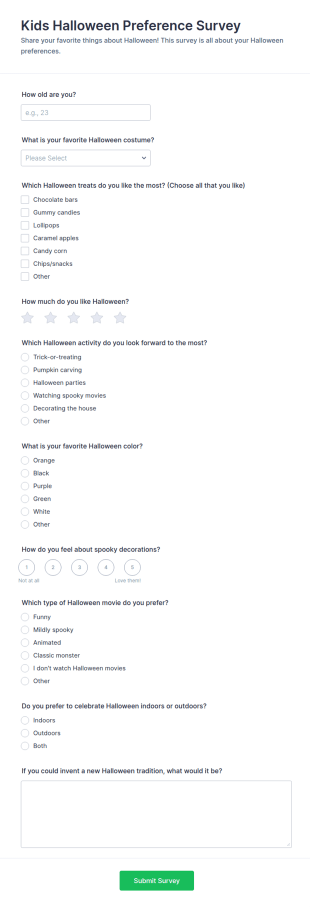 Kids Halloween Preference Survey Form Template