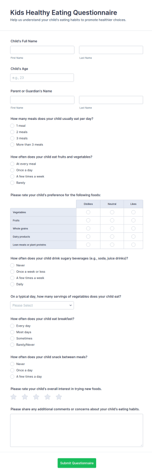 Kids Healthy Eating Questionnaire Form Template