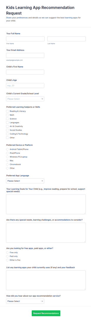 Kids Learning App Recommendation Request Form Template