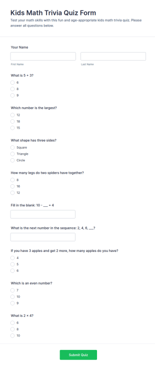 Kids Math Trivia Quiz Form Template