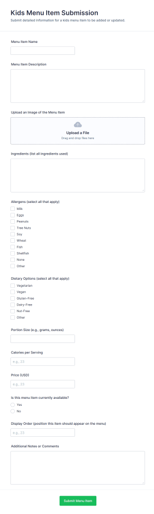 Kids Menu Item Submission Form Template