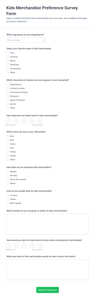 Kids Merchandise Preference Survey Form Template