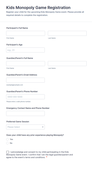 Kids Monopoly Game Registration Form Template