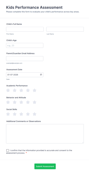 Kids Performance Assessment Form Template