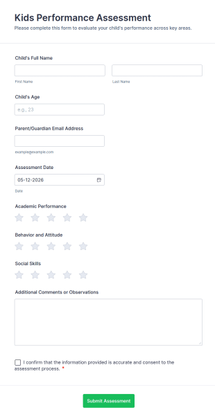 Kids Performance Assessment Form Template