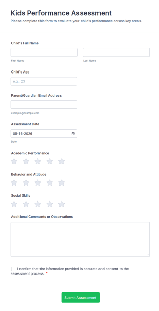 Kids Performance Assessment Form Template