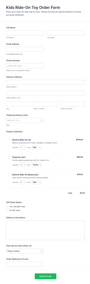 Kids Ride On Toy Order Form Template