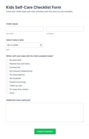 Kids Self Care Checklist Form Template