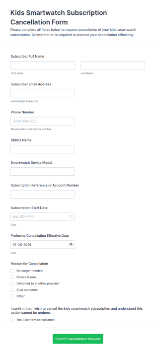 Kids Smartwatch Subscription Cancellation Form Template