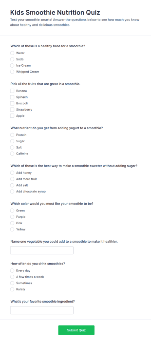 Kids Smoothie Nutrition Quiz Form Template