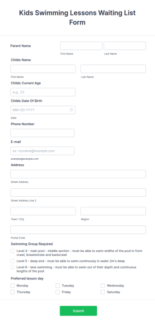 Kids Swimming Lessons Waiting List Form Template