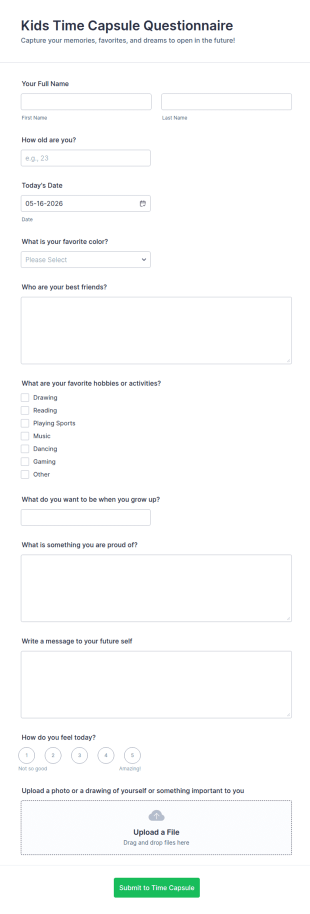 Kids Time Capsule Questionnaire Form Template