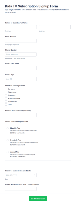 Kids TV Subscription Signup Form Template