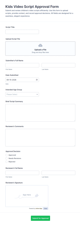Kids Video Script Approval Form Template