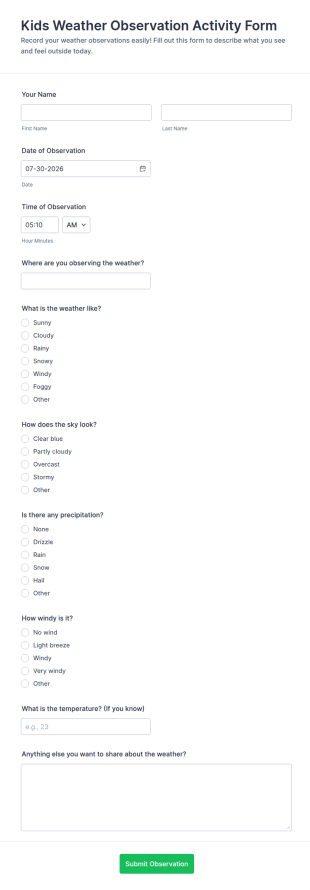 Kids Weather Observation Activity Form Template