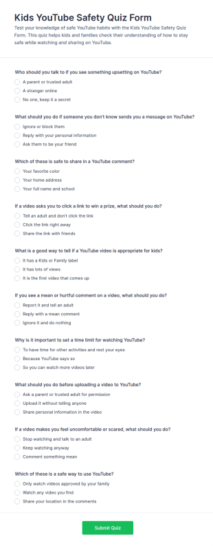 Kids YouTube Safety Quiz Form Template