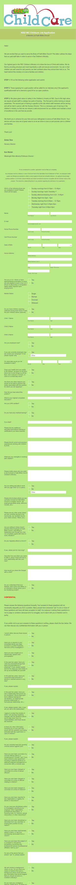 KIDZ INC Childcare Job Application Form Template