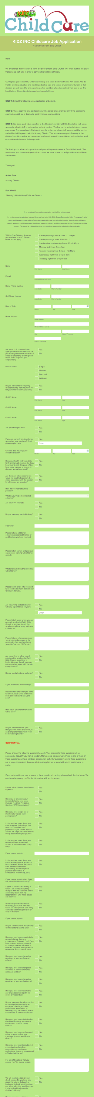 KIDZ INC Childcare Job Application Form Template