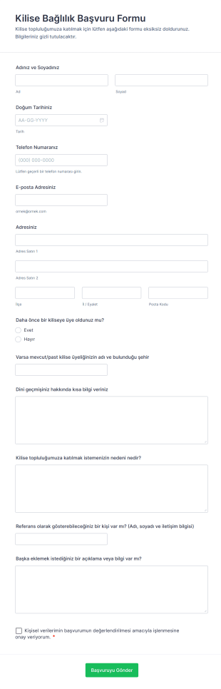 Kilise Bağlılık Başvuru Form Şablonu