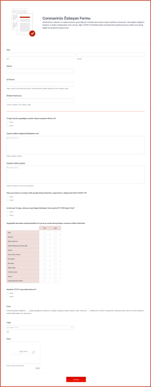 Kilise Çalışanları Için Coronavirus Özbeyan Form Template