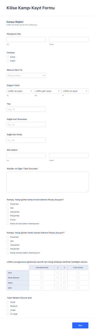 Kilise Kampı Kayıt Form Template