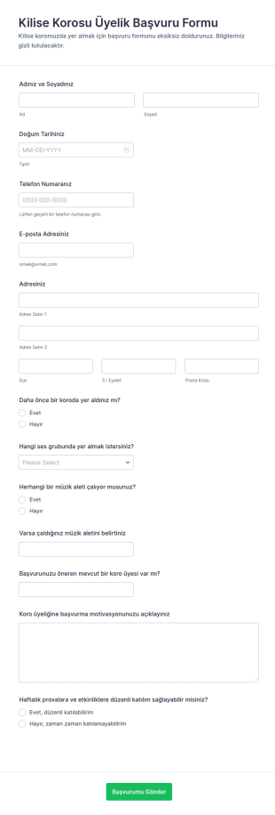 Kilise Korosu Üyelik Başvuru Form Şablonu
