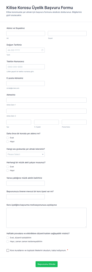 Kilise Korosu Üyelik Başvuru Form Şablonu