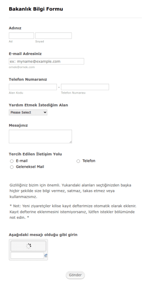 Kilise İletişim Form Şablonu
