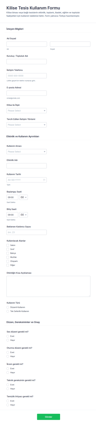 Kilise Tesis Kullanım Form Şablonu