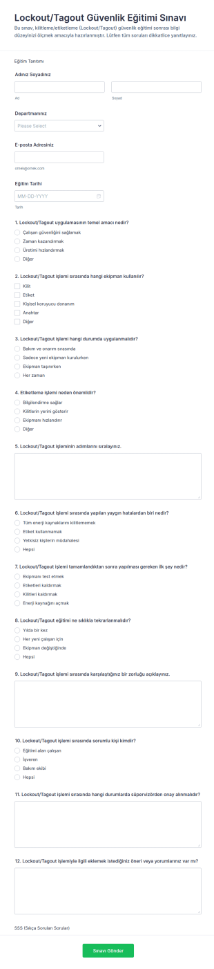 Kilitli Kalma Güvenliği Eğitim Sınavı Form Şablonu