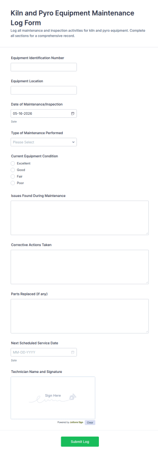 Kiln And Pyro Equipment Maintenance Log Form Template