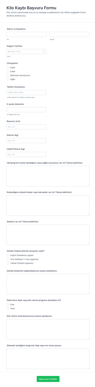 Kilo Kaybı Başvuru Form Şablonu