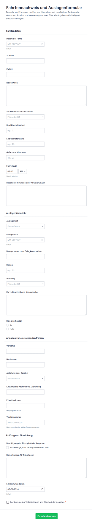 Kilometer Und Spesenabrechnungsformular