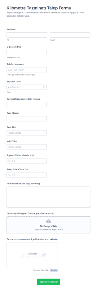 Kilometre Tazminatı Talep Form Template